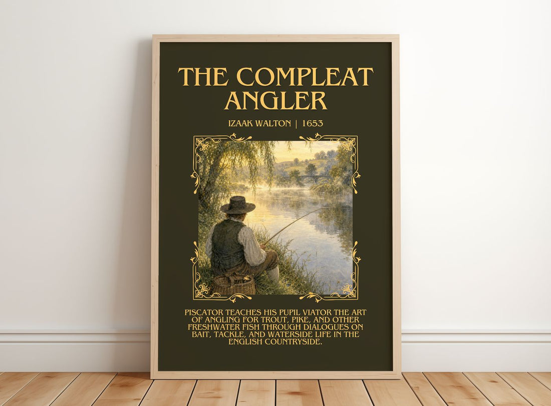 The Compleat Angler Minimalist Book Poster by Izaak Walton – framed print leaning on a wooden floor