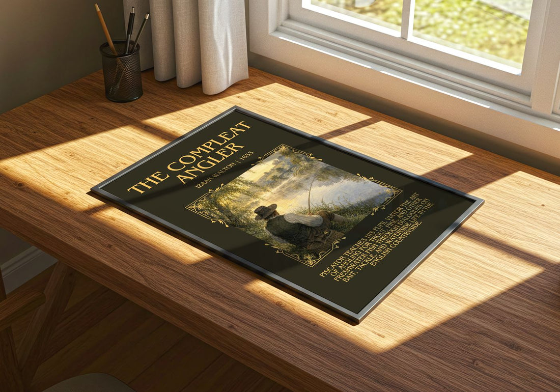 The Compleat Angler Minimalist Book Poster by Izaak Walton – print on a sunlit desk