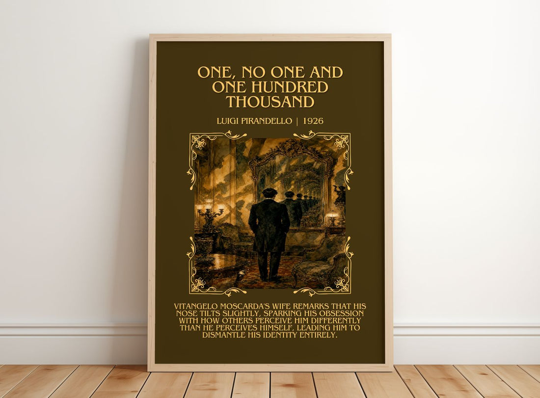 One, No One and One Hundred Thousand Minimalist Book Poster by Luigi Pirandello – framed print leaning on a wooden floor