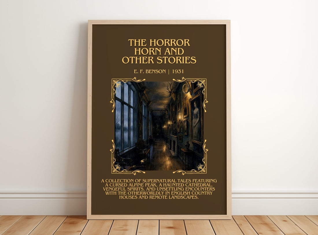 Horror Horn And Other Stories Minimalist Book Poster by E. F. Benson – framed print leaning on a wooden floor