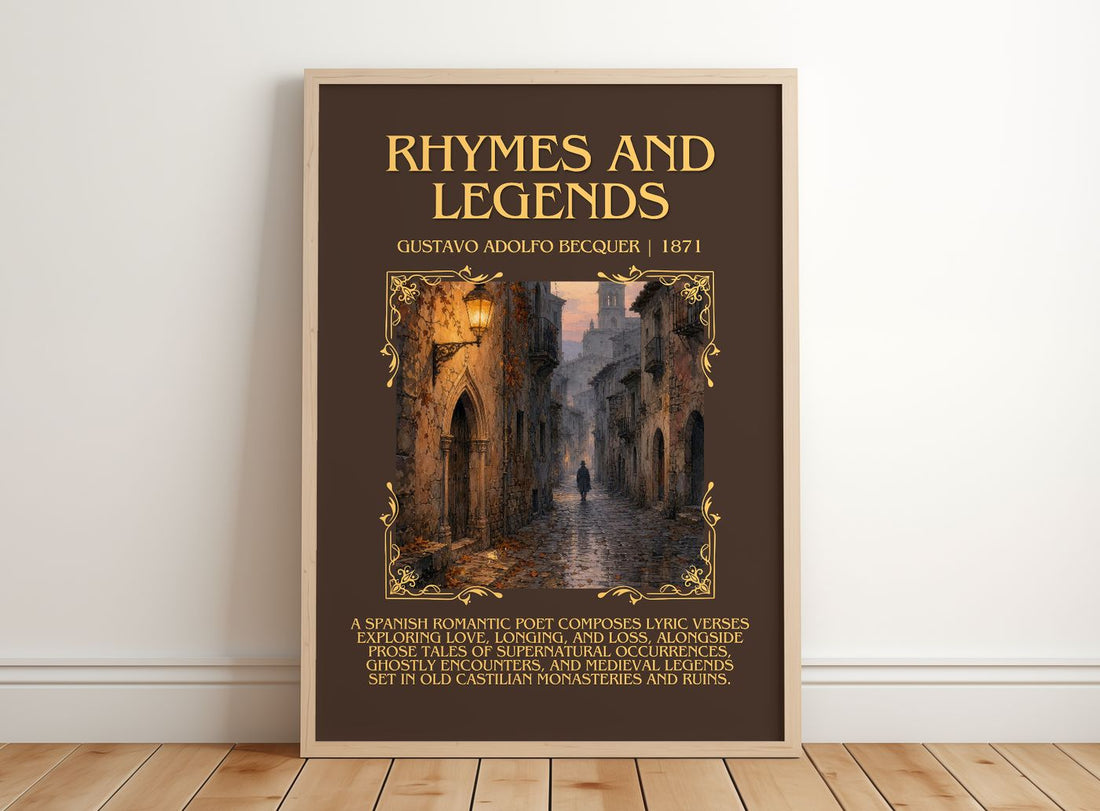 Rhymes And Legends Minimalist Book Poster by Gustavo Adolfo Bécquer – framed print leaning on a wooden floor