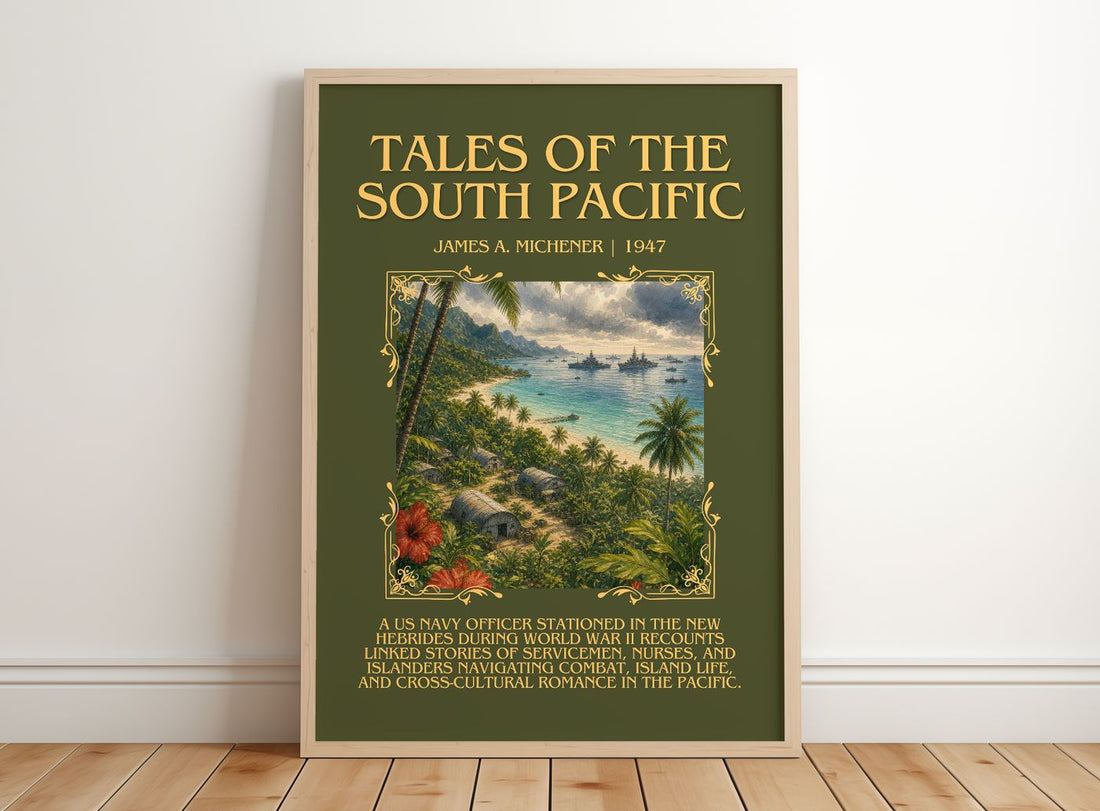 Tales of the South Pacific Minimalist Book Poster by James A. Michener – framed print leaning on a wooden floor