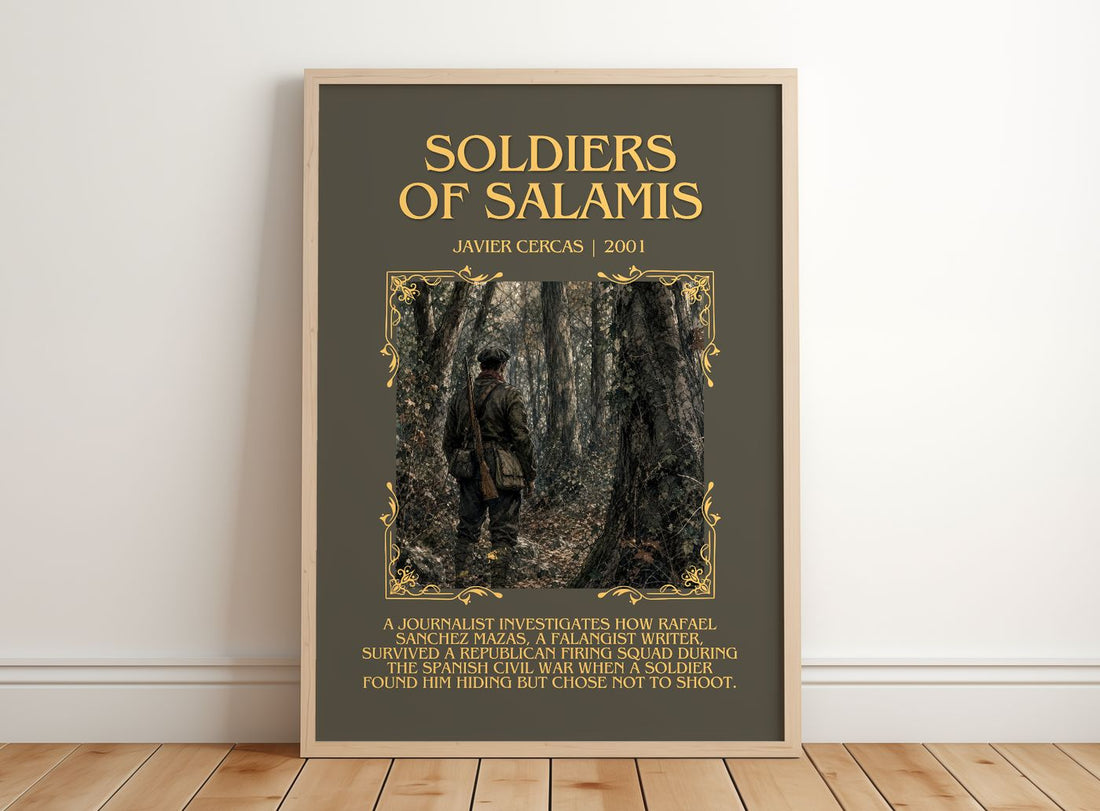 Soldiers of Salamis Minimalist Book Poster by Javier Cercas – framed print leaning on a wooden floor