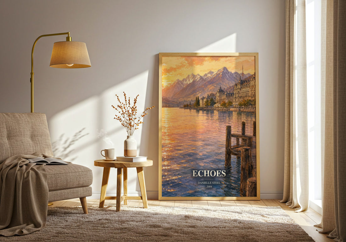 Echoes watercolour print in frame leaning in hallway – historical fiction wall art (mockup)
