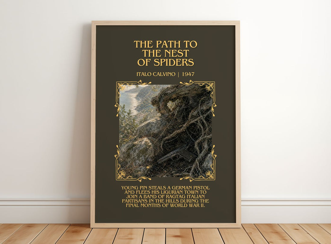 Path to the Nest of Spiders Minimalist Book Poster by Italo Calvino – framed print leaning on a wooden floor