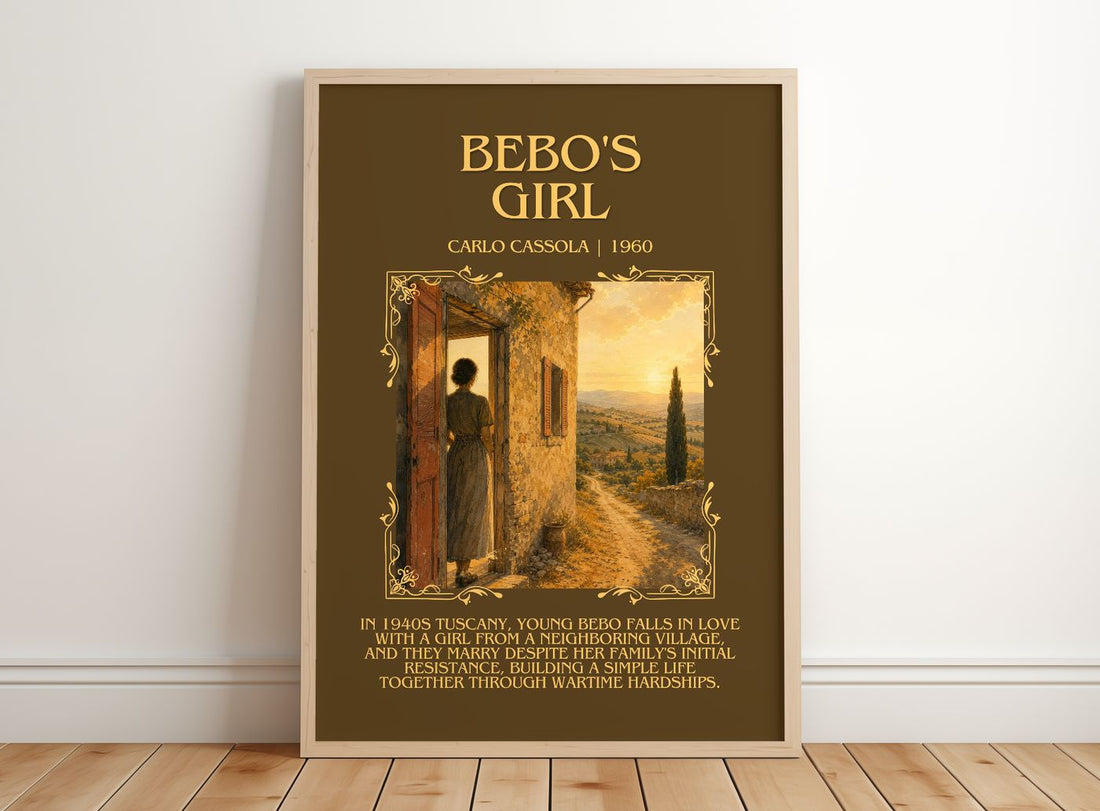 Bébo's Girl Minimalist Book Poster by Carlo Cassola – framed print leaning on a wooden floor