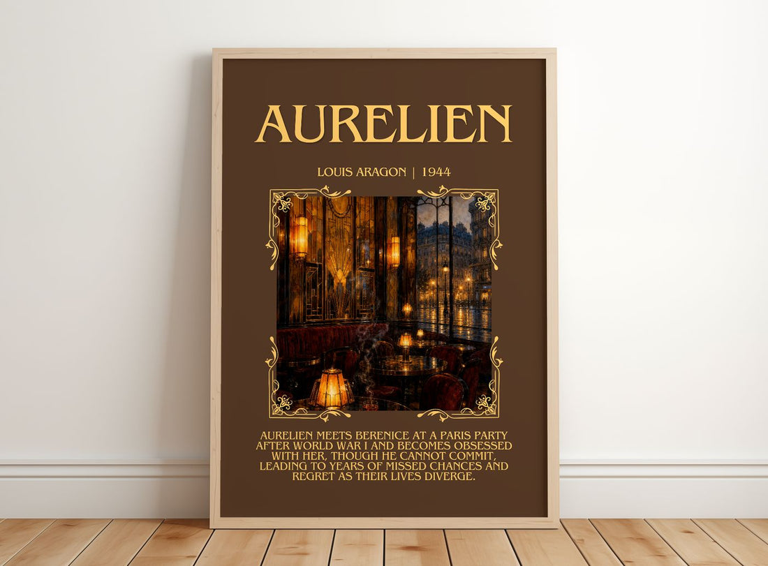 Aurélien Minimalist Book Poster by Louis Aragon – framed print leaning on a wooden floor
