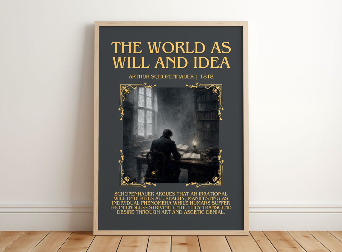 World as Will and Idea Minimalist Book Poster by Arthur Schopenhauer – framed print leaning on a wooden floor
