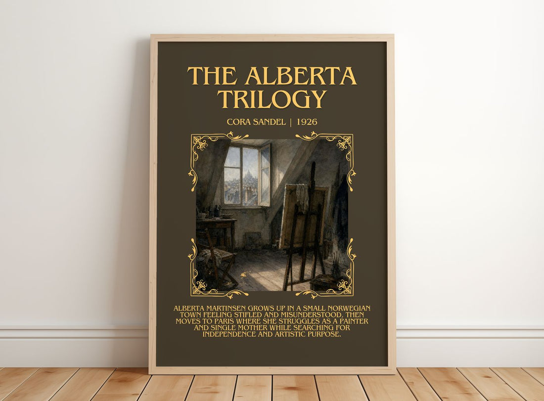 The Alberta Trilogy Minimalist Book Poster by Cora Sandel – framed print leaning on a wooden floor