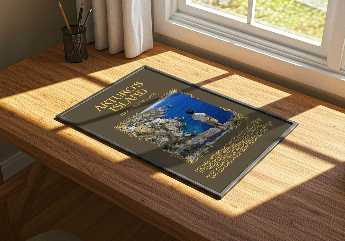 Arturo's Island Minimalist Book Poster by Elsa Morante – print on a sunlit desk