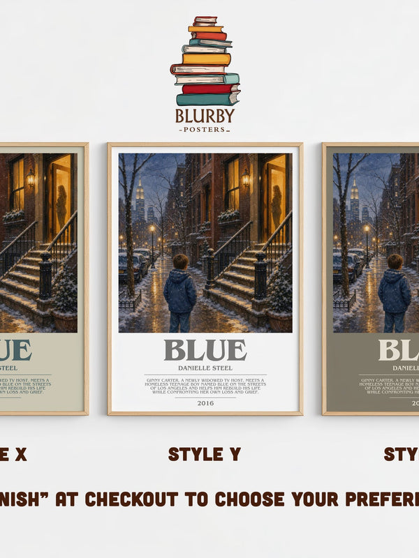 Blue bookish print in frame leaning in hallway – contemporary fiction wall art