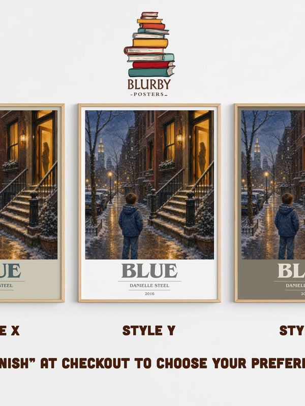 Blue book cover print in frame leaning in hallway – contemporary fiction wall art