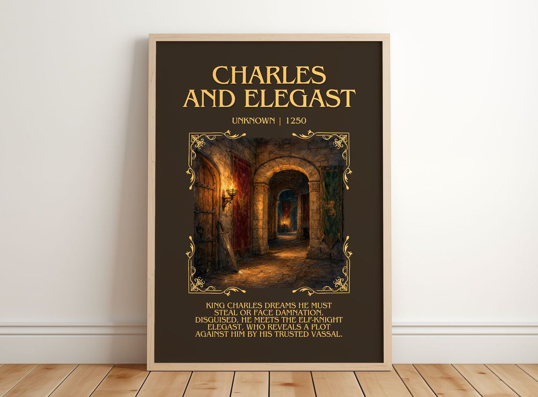 Charles And Elegast Minimalist Book Poster by Unknown – framed print leaning on a wooden floor