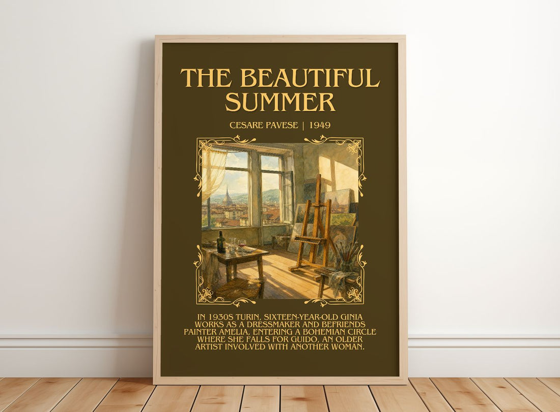 The Beautiful Summer Minimalist Book Poster by Cesare Pavese – framed print leaning on a wooden floor