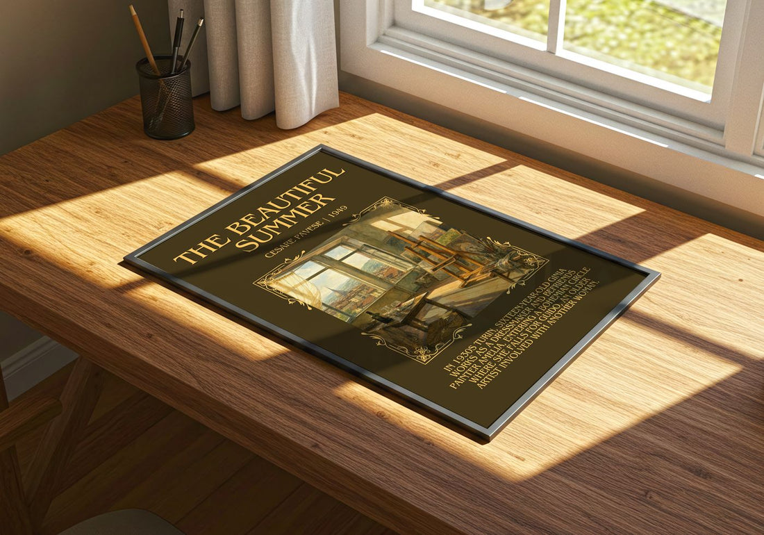 The Beautiful Summer Minimalist Book Poster by Cesare Pavese – print on a sunlit desk