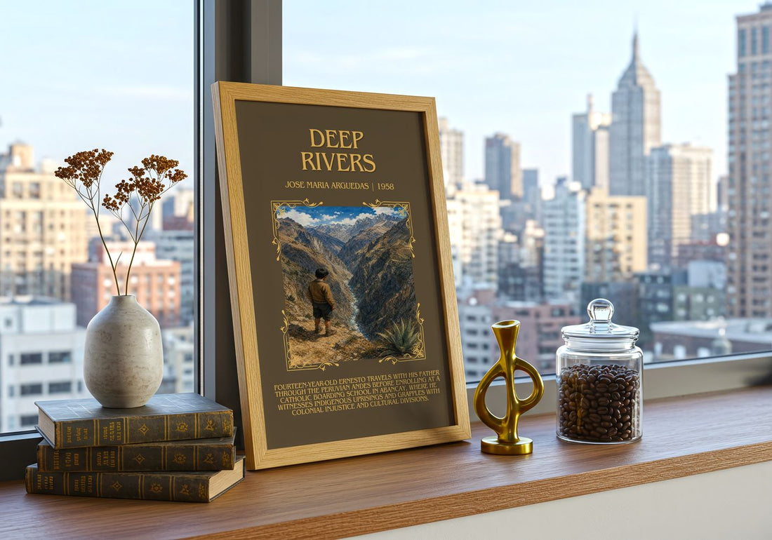 Deep Rivers Minimalist Book Poster by José María Arguedas – framed print on a city-view windowsill