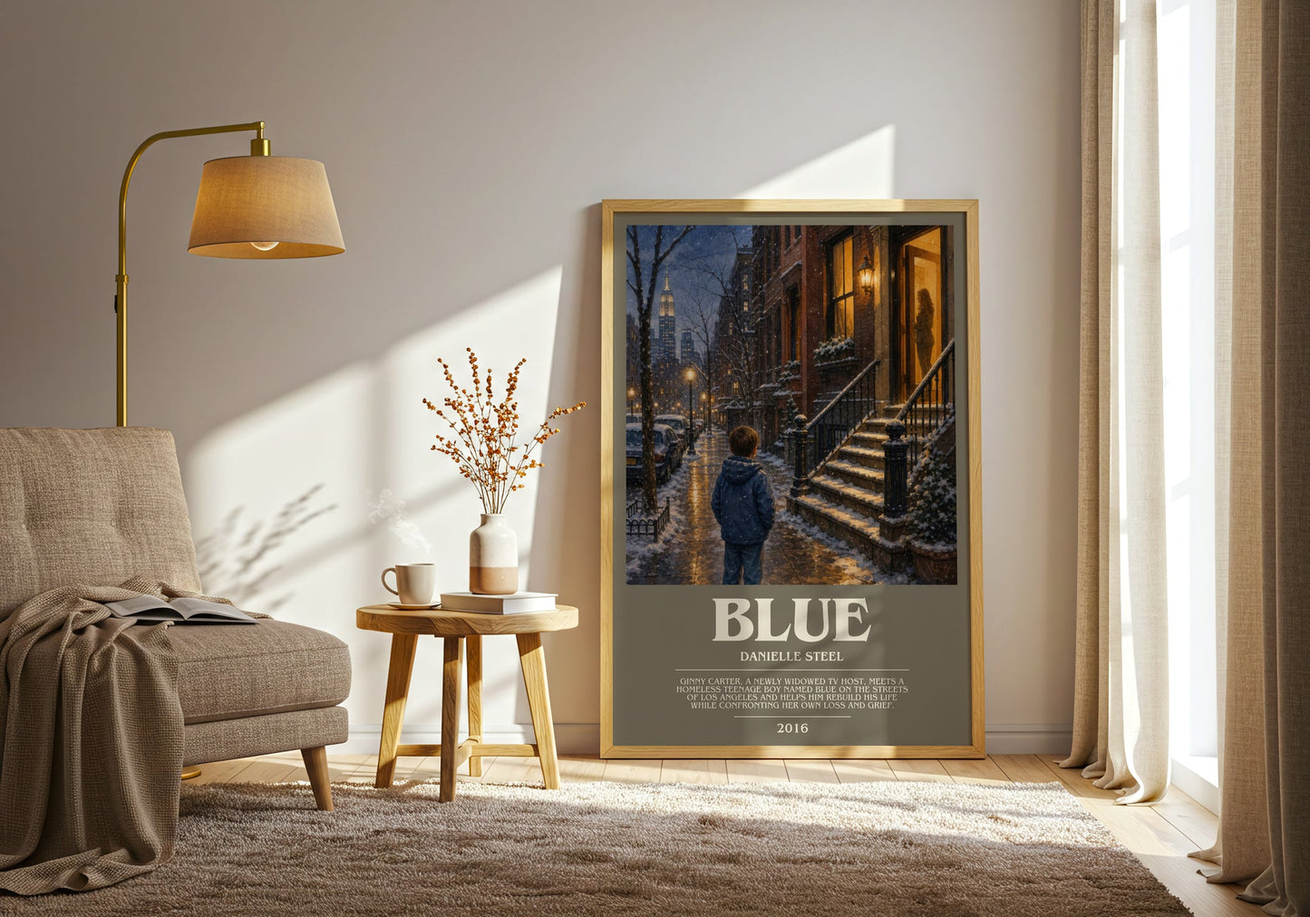 Blue bookish print on bookshelf – Danielle Steel fan gift