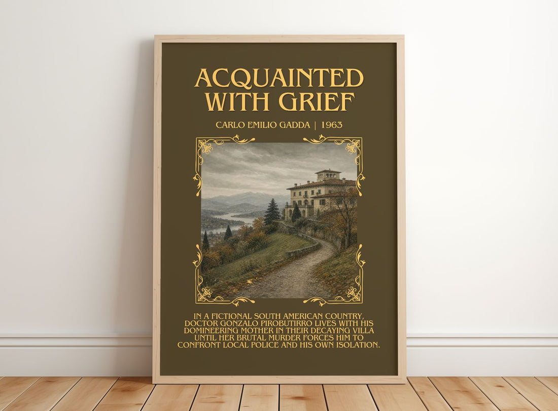 Acquainted With Grief Minimalist Book Poster by Carlo Emilio Gadda – framed print leaning on a wooden floor