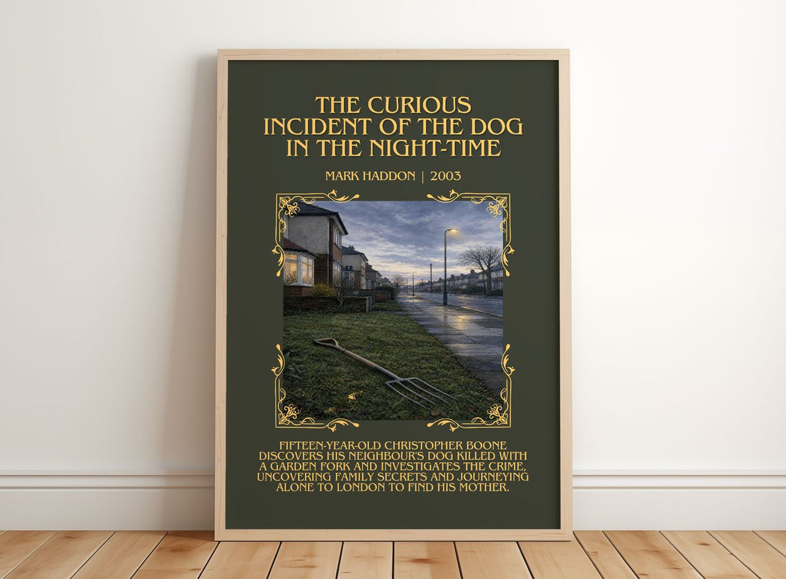 The Curious Incident of the Dog in the Night-time Minimalist Book Poster by Mark Haddon – framed print leaning on a wooden floor
