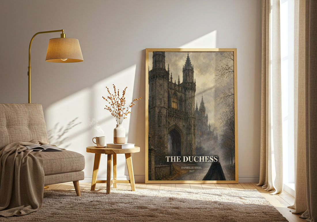 The Duchess watercolour print in frame leaning in hallway – historical fiction wall art (mockup)