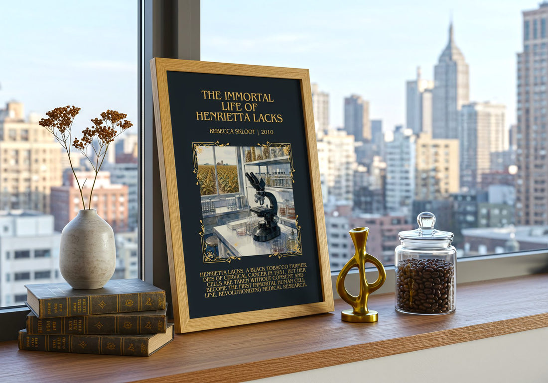 Immortal Life of Henrietta Lacks Minimalist Book Poster by R. Skloot – framed print on a city-view windowsill