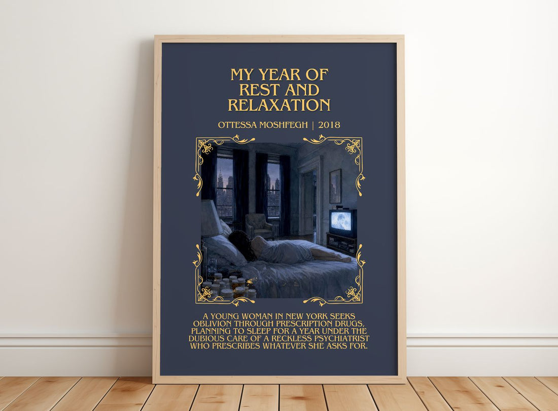 My Year of Rest and Relaxation Minimalist Book Poster by O. Moshfegh – framed print leaning on a wooden floor