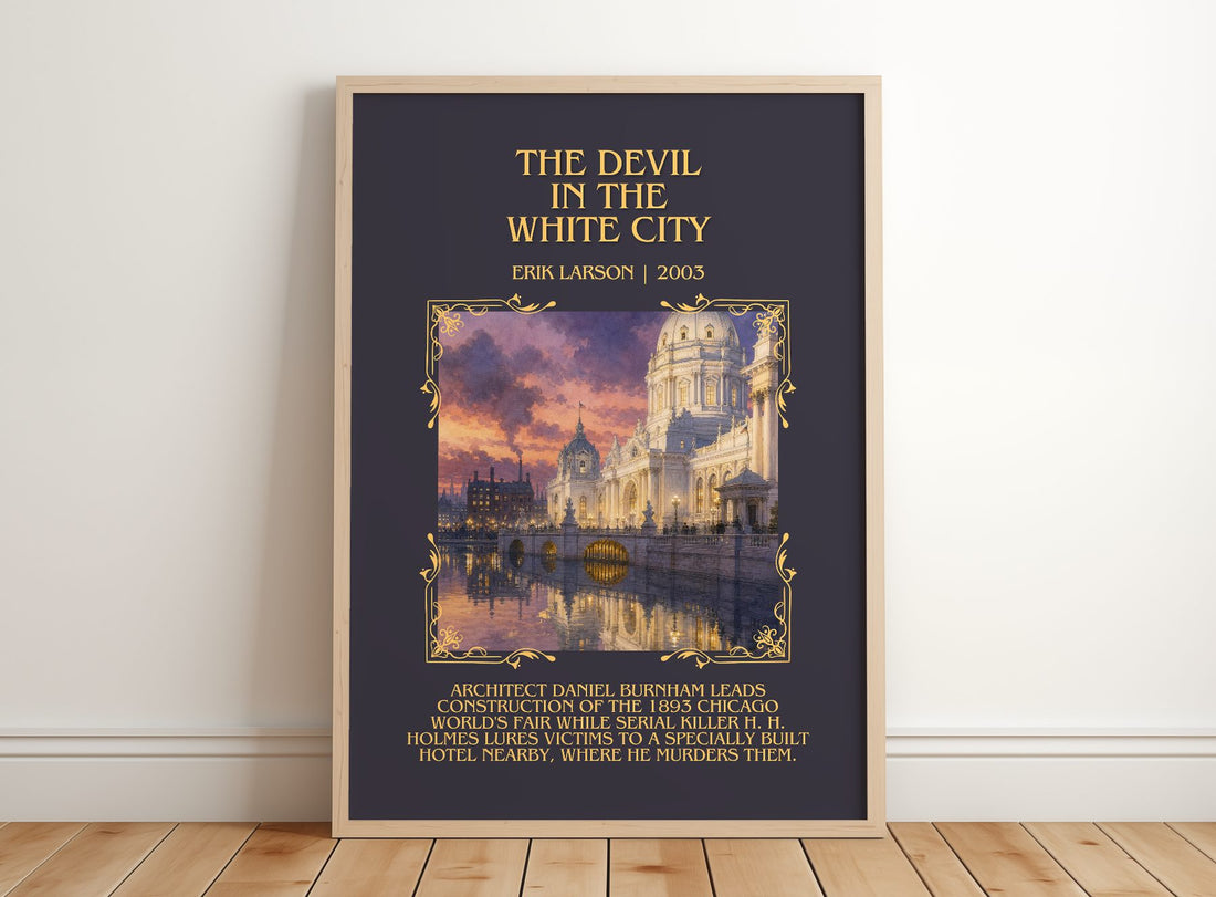 The Devil In The White City Minimalist Book Poster by Erik Larson – framed print leaning on a wooden floor