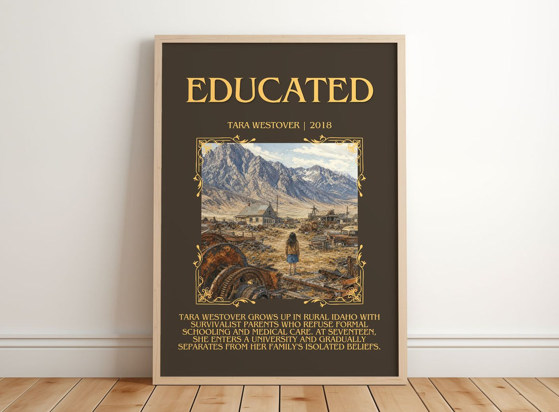 Educated Minimalist Book Poster by Tara Westover – framed print leaning on a wooden floor