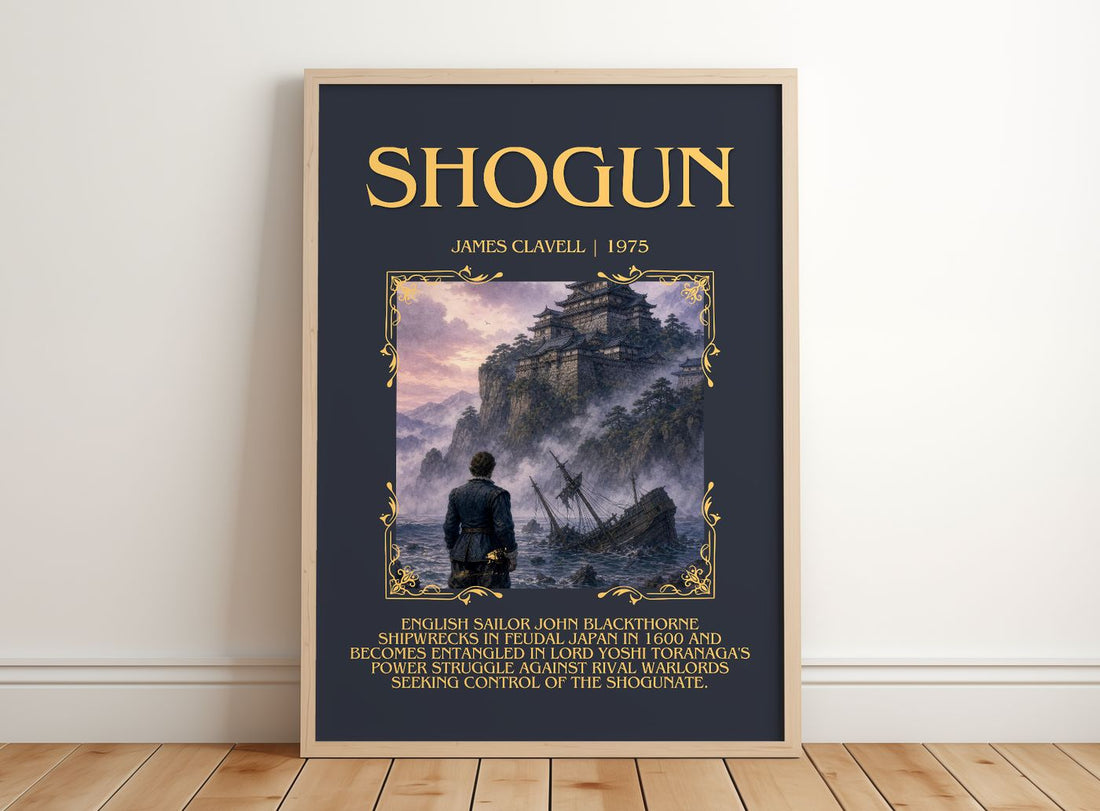 Shogun Minimalist Book Poster by James Clavell – framed print leaning on a wooden floor