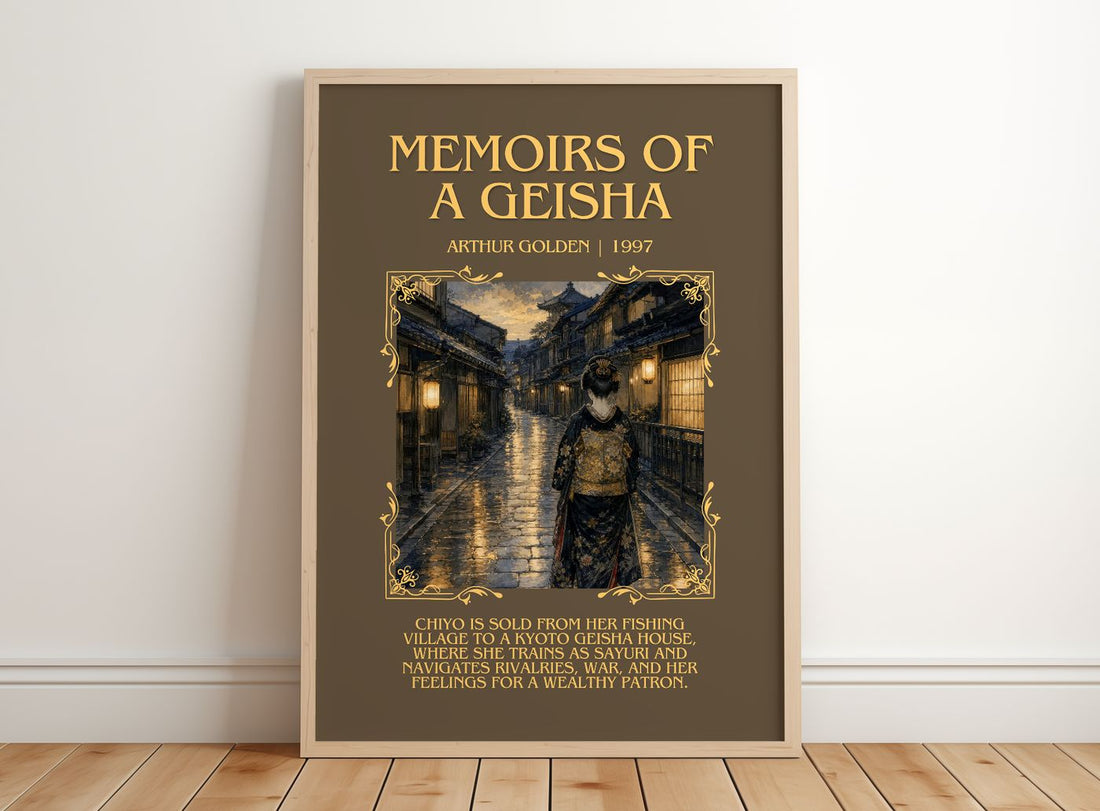 Memoirs of a Geisha Minimalist Book Poster by Arthur Golden – framed print leaning on a wooden floor