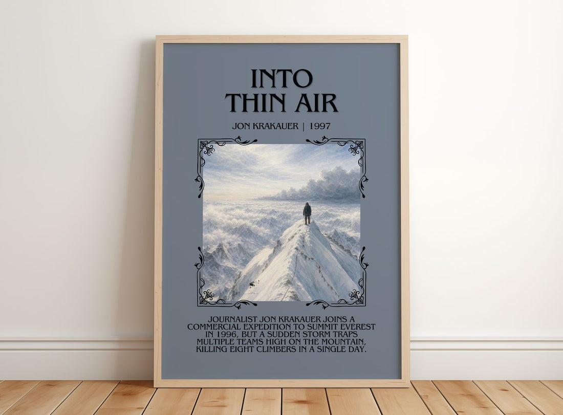 Into Thin Air Minimalist Book Poster by Jon Krakauer – framed print leaning on a wooden floor