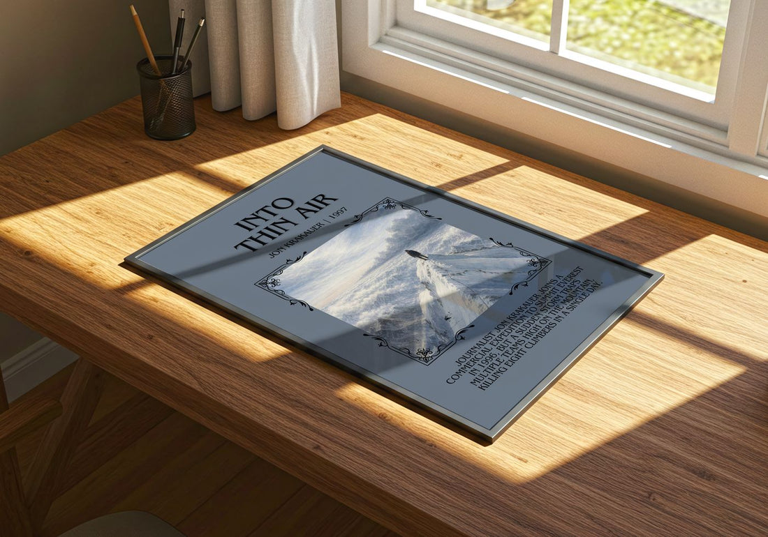 Into Thin Air Minimalist Book Poster by Jon Krakauer – print on a sunlit desk