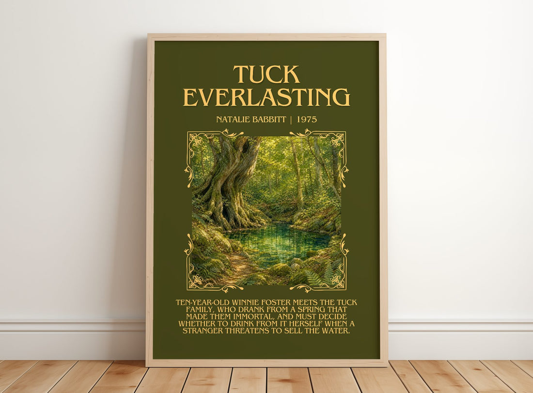 Tuck Everlasting Minimalist Book Poster by Natalie Babbitt – framed print leaning on a wooden floor