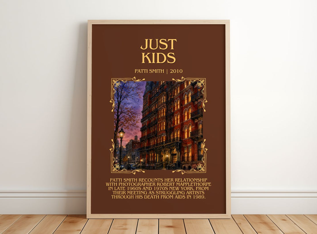 Just Kids Minimalist Book Poster by Patti Smith – framed print leaning on a wooden floor