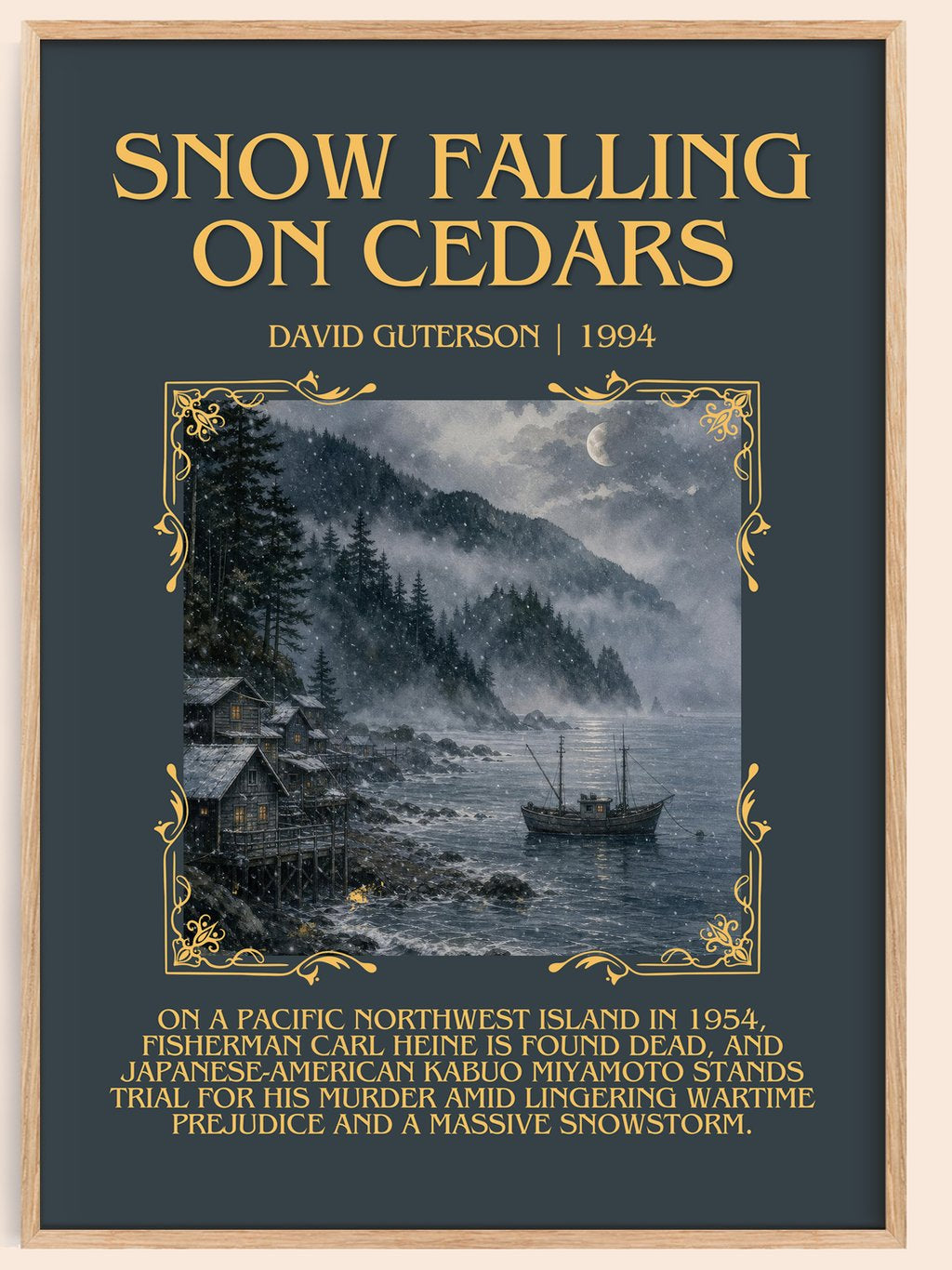 Snow Falling on Cedars Minimalist Book Poster by David Guterson – book poster