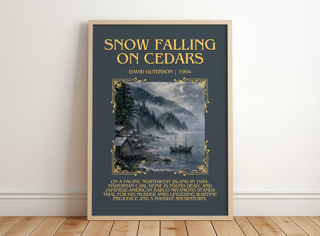 Snow Falling on Cedars Minimalist Book Poster by David Guterson – framed print leaning on a wooden floor