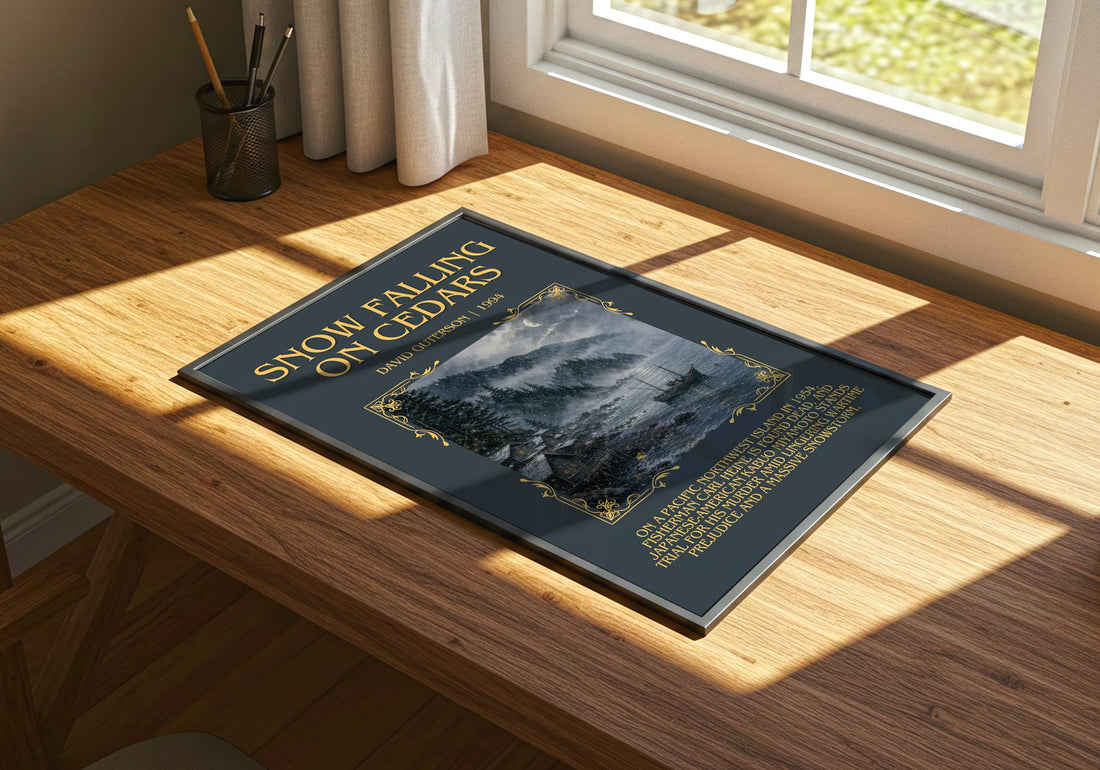 Snow Falling on Cedars Minimalist Book Poster by David Guterson – print on a sunlit desk
