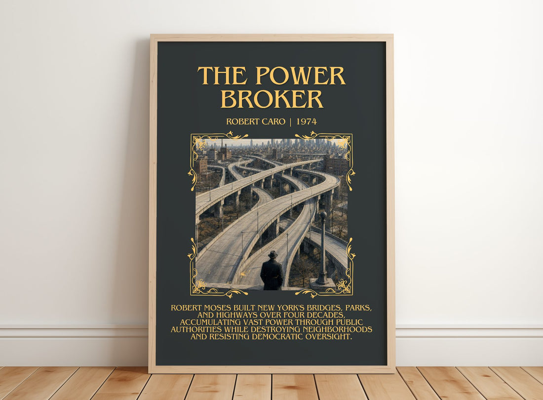 The Power Broker Minimalist Book Poster by Robert Caro – framed print leaning on a wooden floor