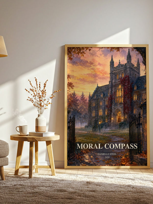 Moral Compass watercolour print in frame leaning in hallway – contemporary fiction wall art
