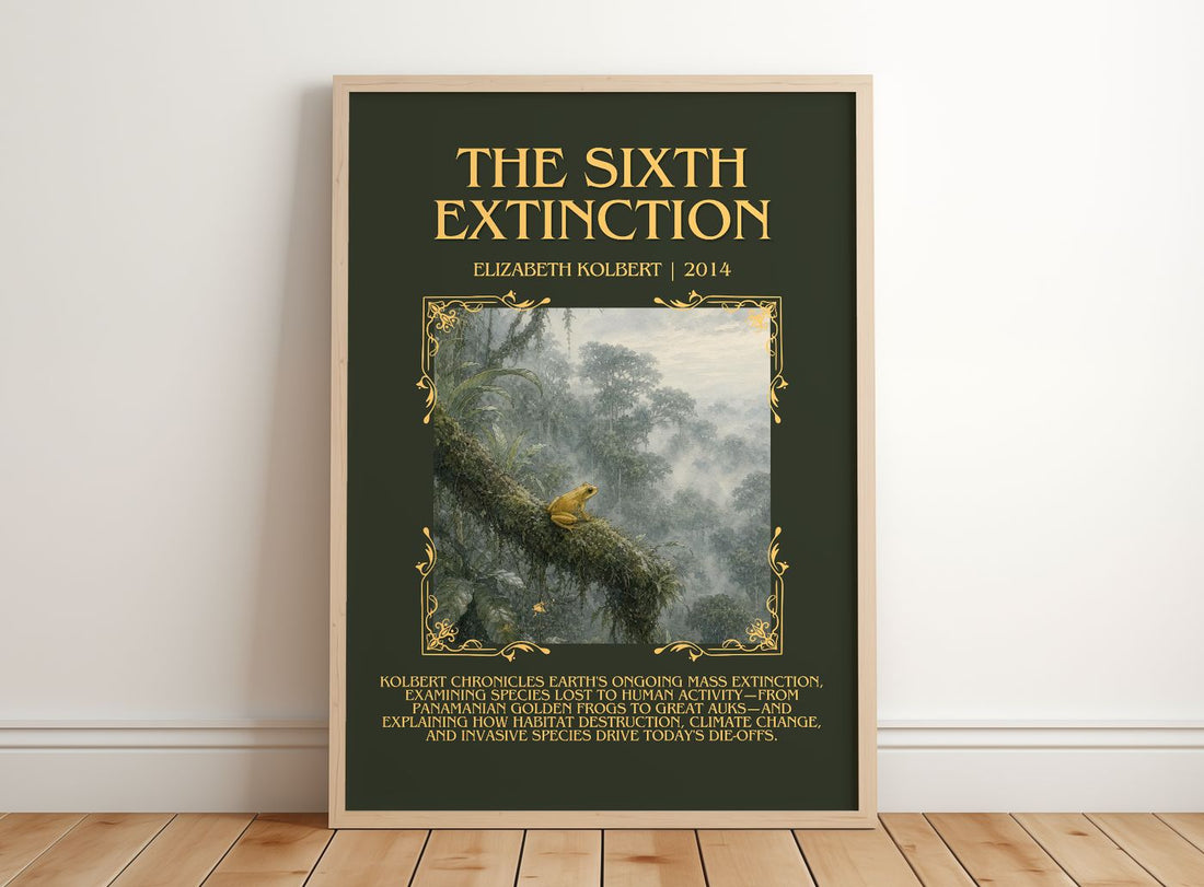 The Sixth Extinction Minimalist Book Poster by Elizabeth Kolbert – framed print leaning on a wooden floor