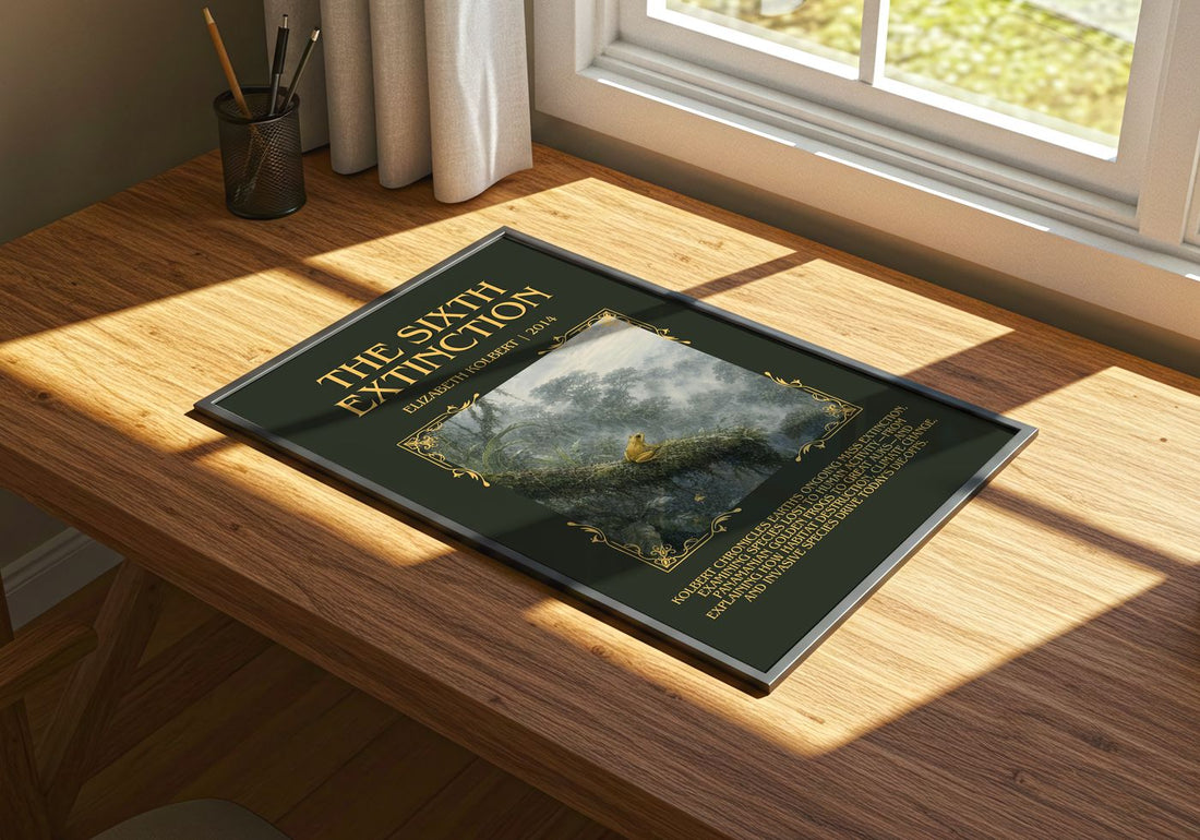 The Sixth Extinction Minimalist Book Poster by Elizabeth Kolbert – print on a sunlit desk