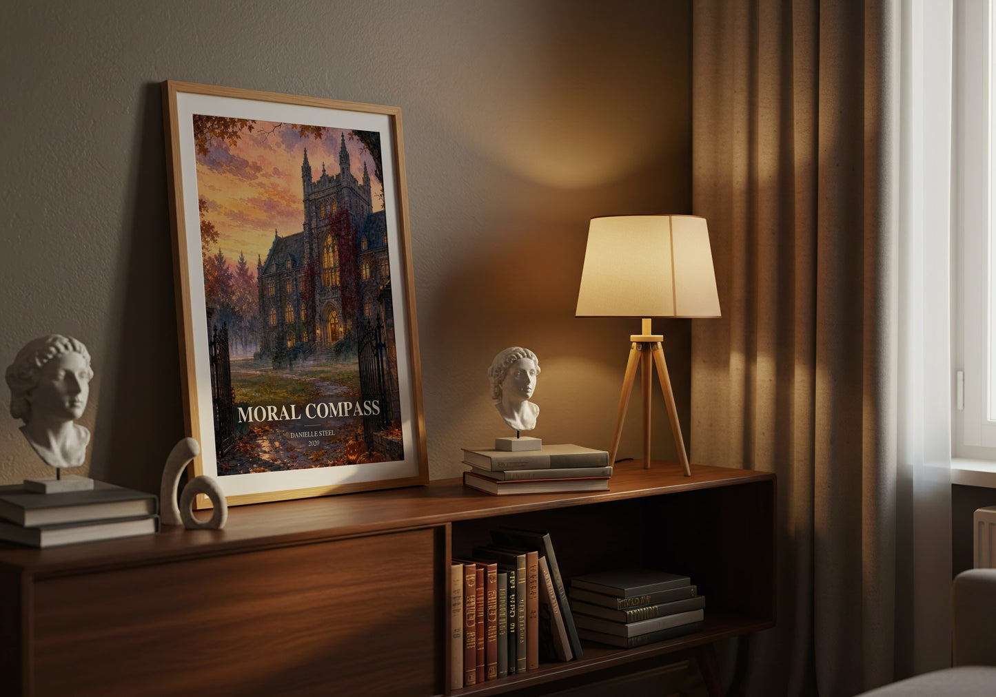 Moral Compass watercolour print on bookshelf – Danielle Steel fan gift