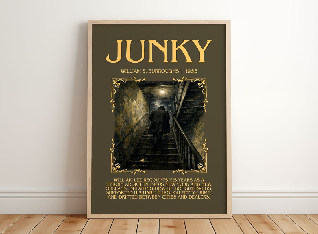 Junky Minimalist Book Poster by William S. Burroughs – framed print leaning on a wooden floor