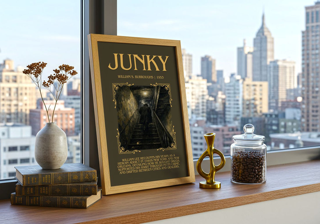 Junky Minimalist Book Poster by William S. Burroughs – framed print on a city-view windowsill