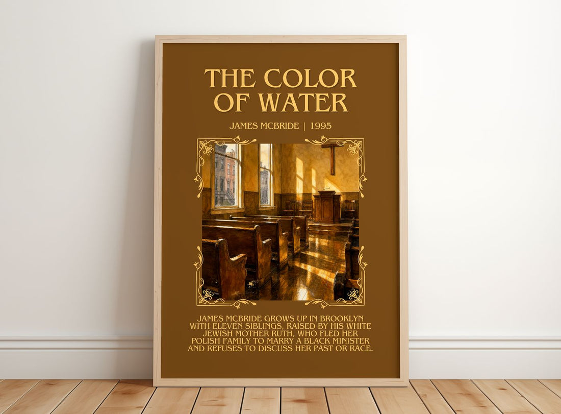 The Color of Water Minimalist Book Poster by James McBride – framed print leaning on a wooden floor
