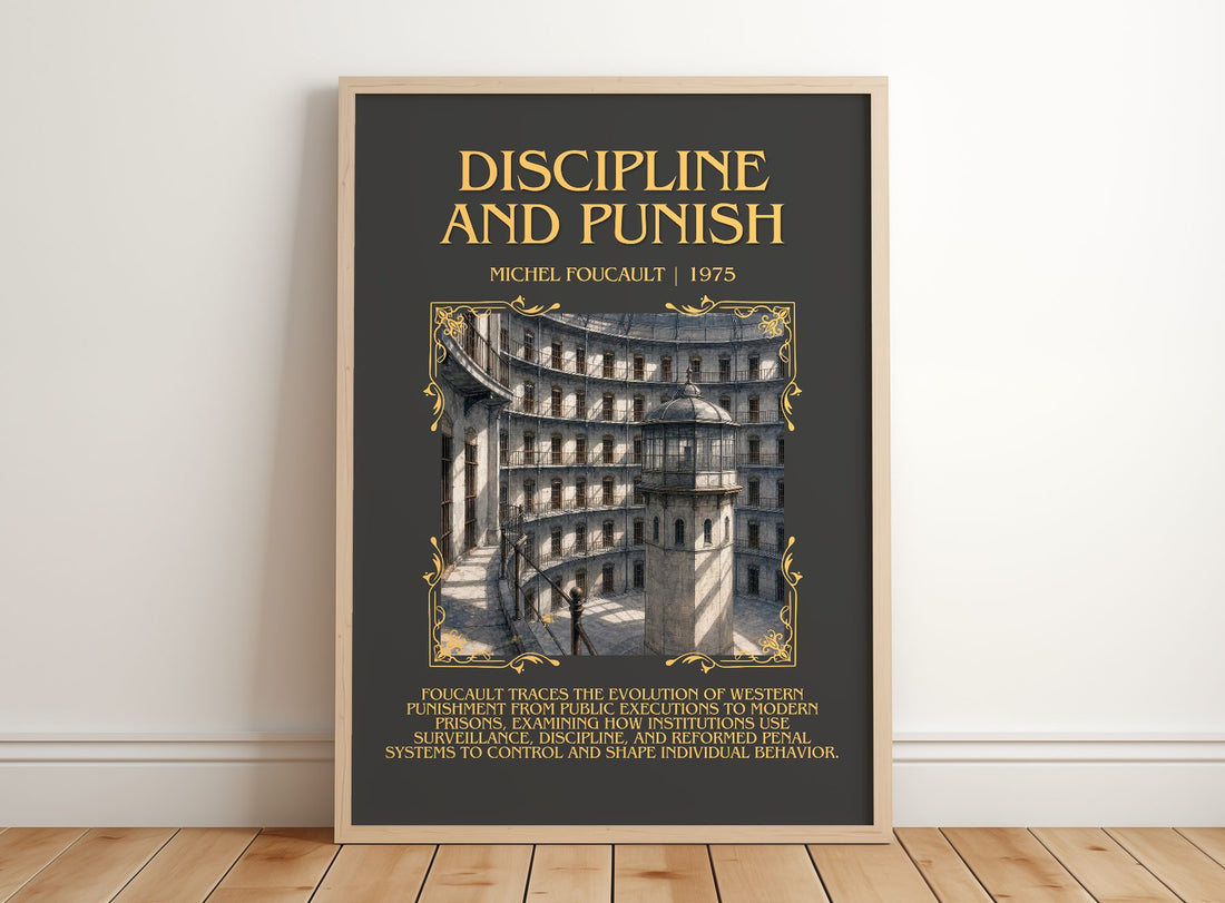 Discipline and Punish Minimalist Book Poster by Michel Foucault – framed print leaning on a wooden floor