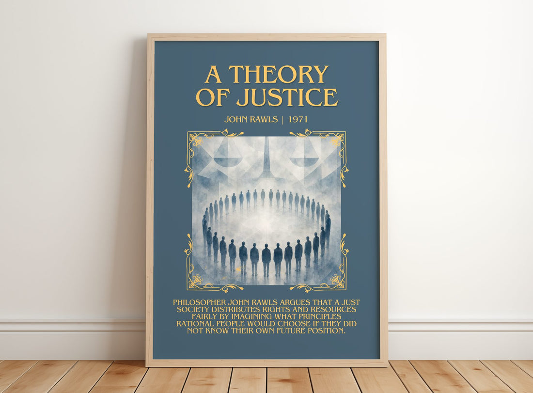 A Theory of Justice Minimalist Book Poster by John Rawls – framed print leaning on a wooden floor