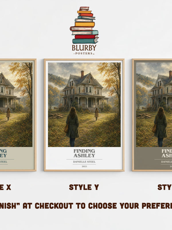 Finding Ashley book cover print in frame leaning in hallway – contemporary fiction wall art