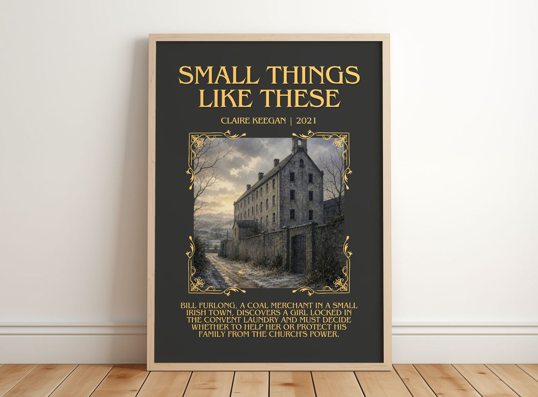 Small Things Like These Minimalist Book Poster by Claire Keegan – framed print leaning on a wooden floor