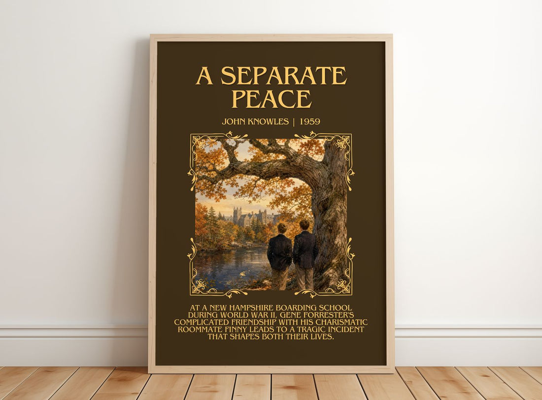 A Separate Peace Minimalist Book Poster by John Knowles – framed print leaning on a wooden floor